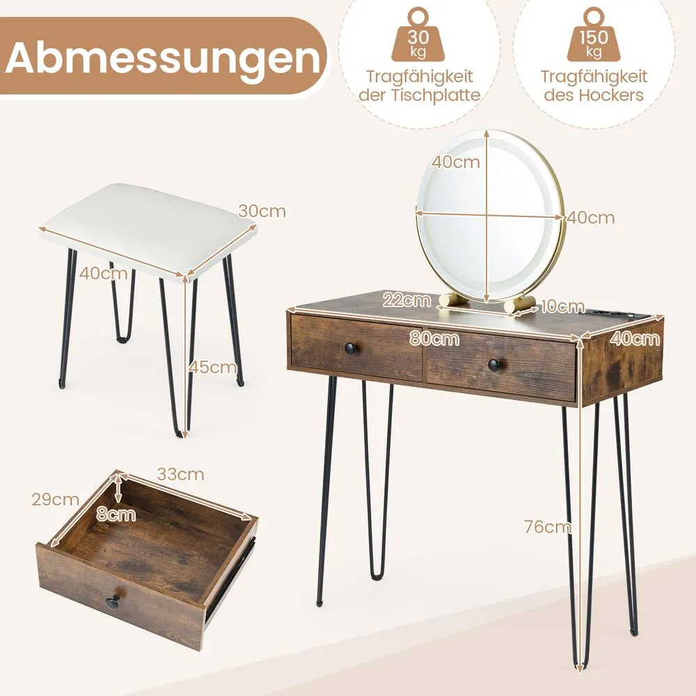 Costway Vanity Desk & Stool Set Makeup Dressing Table w/ Mirror & Lights in Brown 2