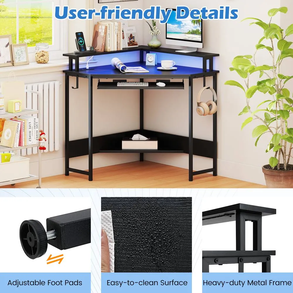 Costway Corner Desk Charging Station Home Triangle Gaming Desk LED in Black 5
