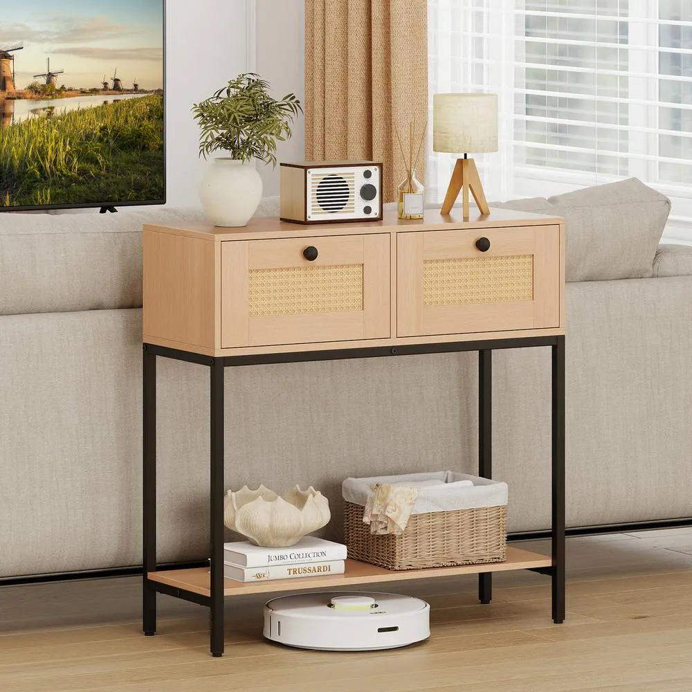 Costway 80CM Boho Console Table Modern Wooden Entryway Table w/2 Drawers in Natural 4