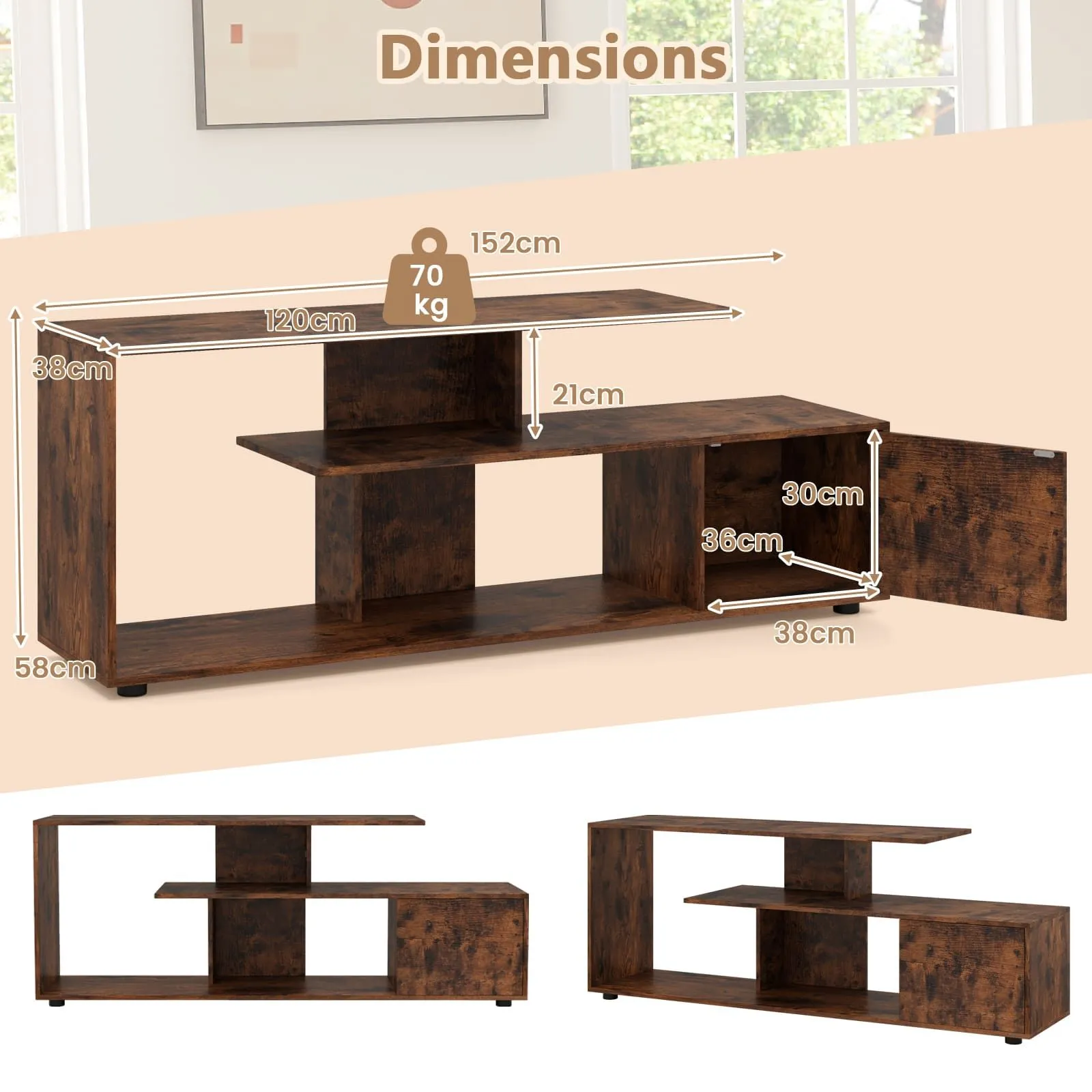 Costway TV Stand for TVs up to 55" 3-Tier Media Console Table w/Storage in Brown 2