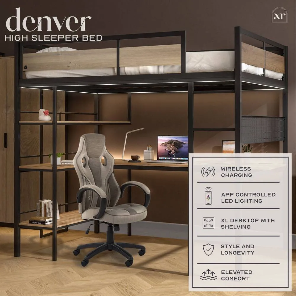 X Rocker Denver High Sleeper Bunk Bed With App Controlled Lights & XL Desk in Light Oak 2
