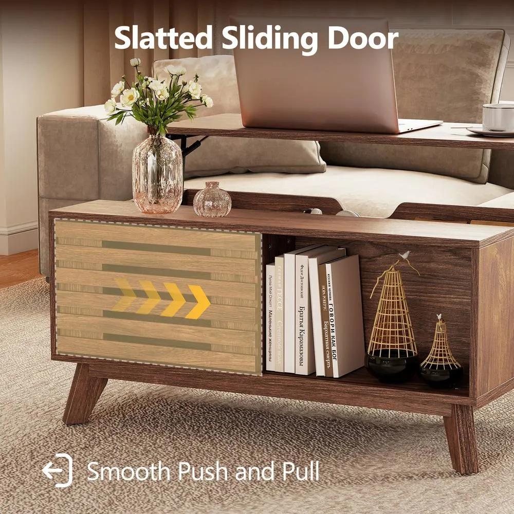 Costway 90 cm Center Table with Slatted Sliding Door & Tapered Legs in Brown 5