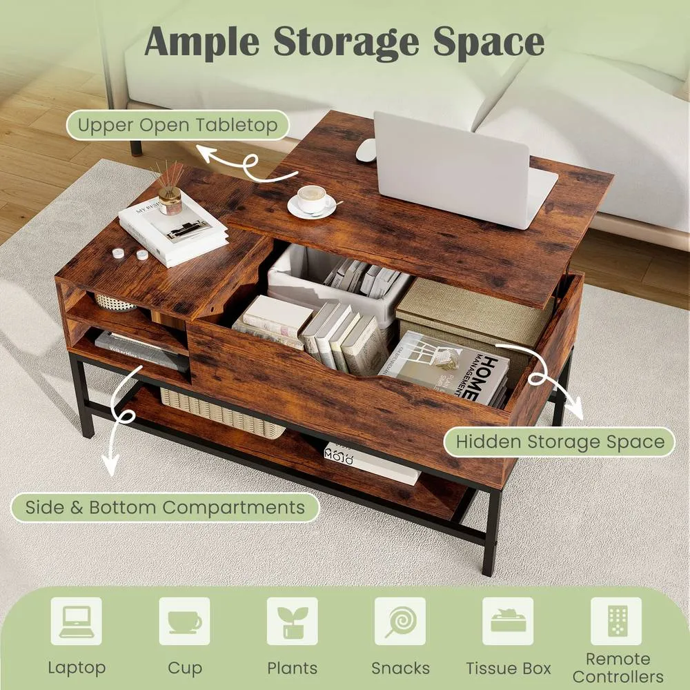 Costway Lift Top Coffee Table Side Table Tea Table w/ Storage Shelf in Brown 4