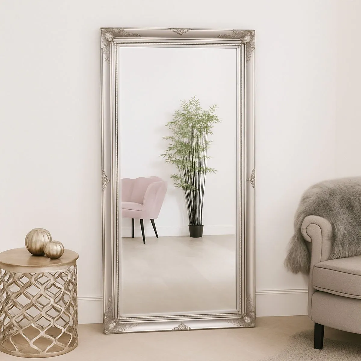 Melody Maison Large Ornate Silver Wall/Floor Mirror 158cm X 78cm in White