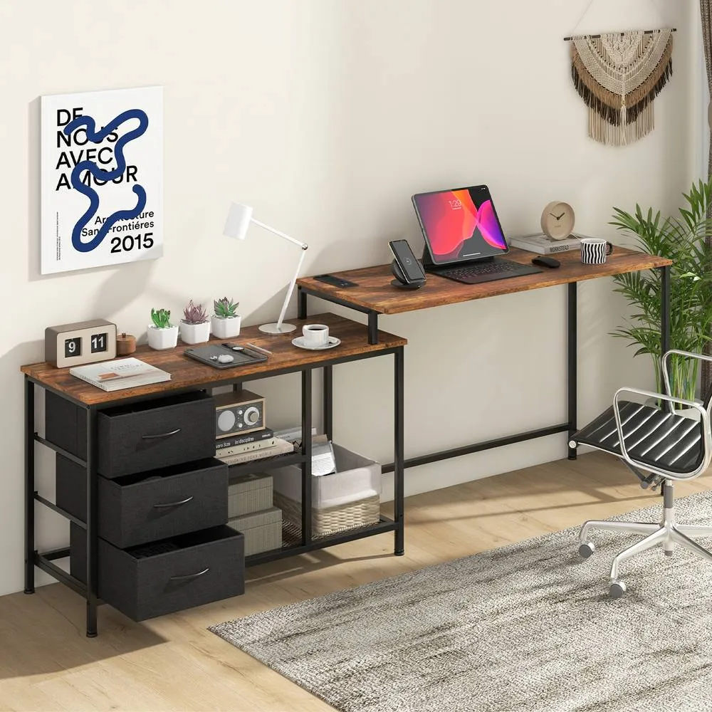 Costway L-Shaped Computer Desk Convertible Home Office Table with 3 Drawers in Brown 2