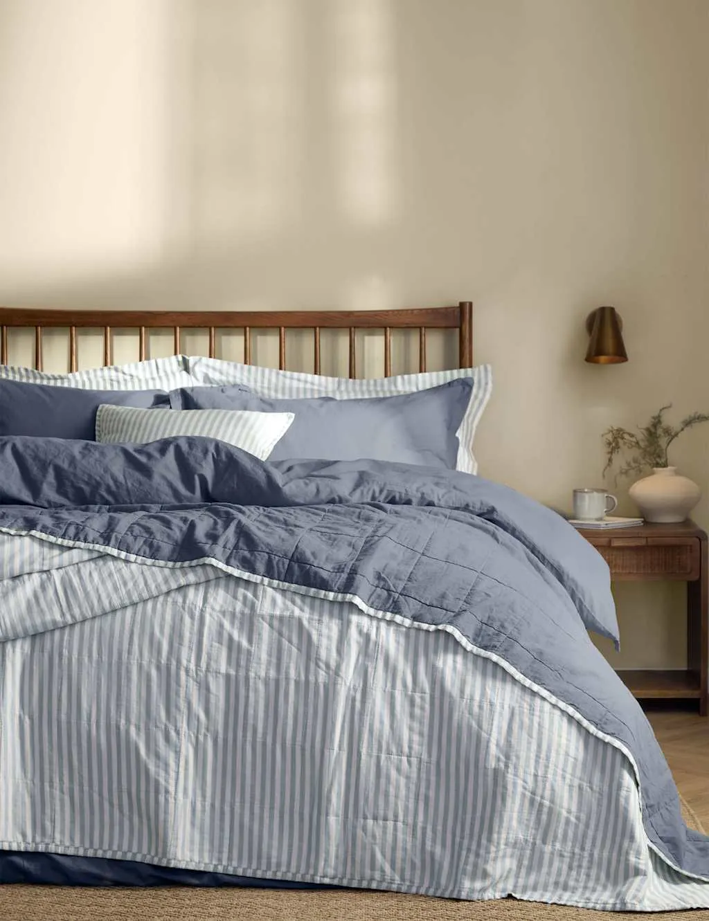 YARD Hebden Washed Striped Quilted Bedspread Blue Marl