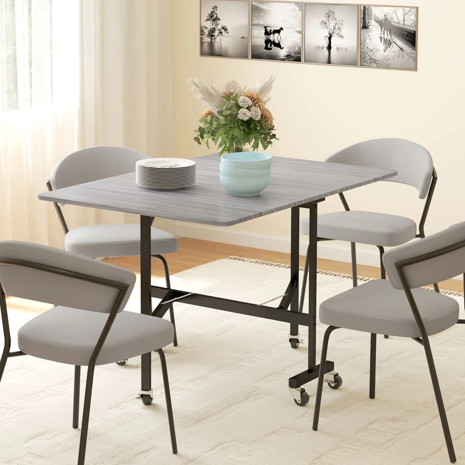 HOMCOM Mobile Drop Leaf Table, Folding Kitchen Table with 6 Wheels in Grey
