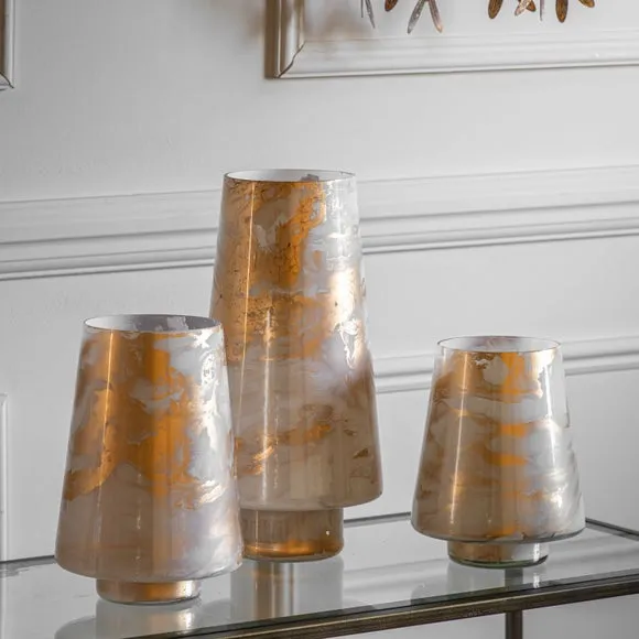 Gallery Direct MarbLED Hurricane Large Gold White Candle Holder, Black