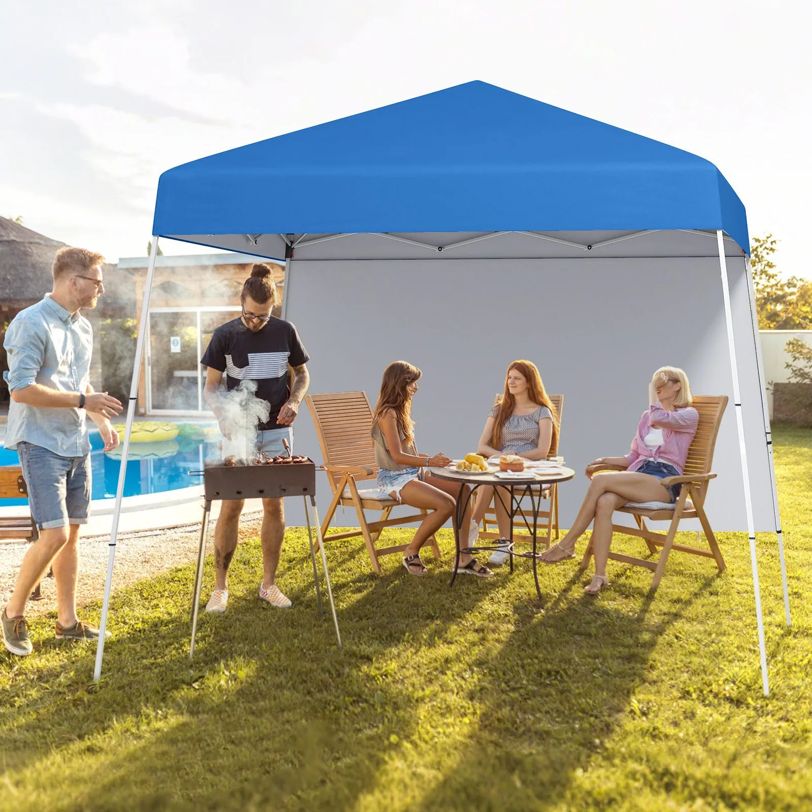 Costway 300 x 300 cm Pop up Canopy Tent Portable Backpack w/1 Sidewall in Blue 2