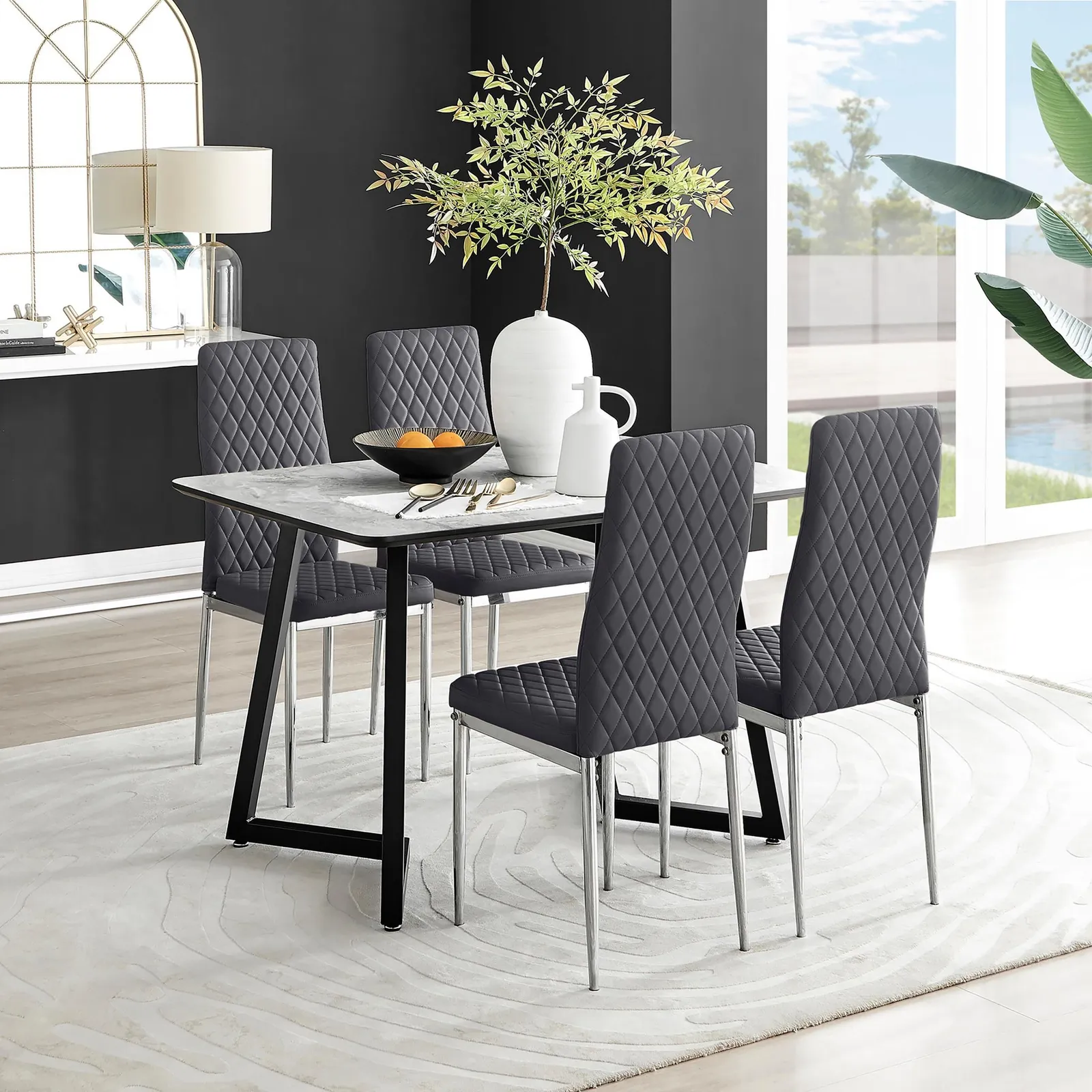 FurnitureboxUK Carson White Marble Effect Dining Table & 4 Velvet Milan Chairs in Grey 1
