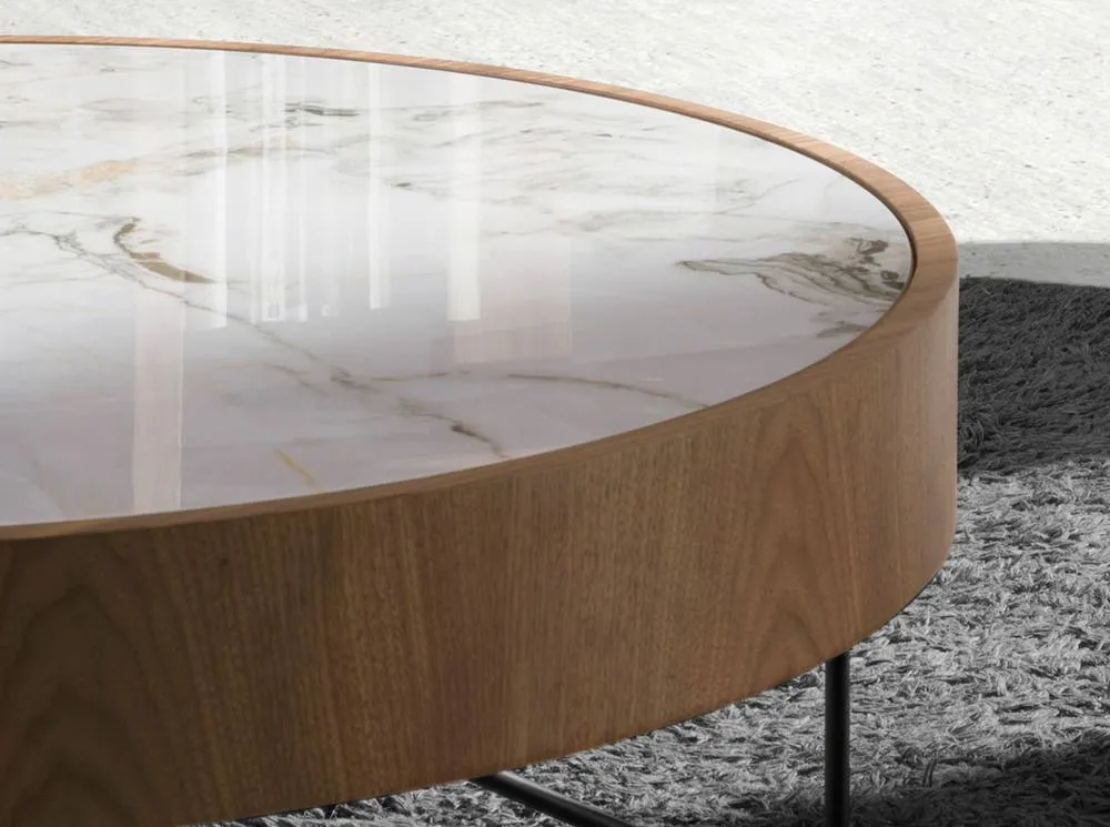 Angel Cerda Round Coffee Table, Porcelain Marble Top, Walnut in Warm White 5