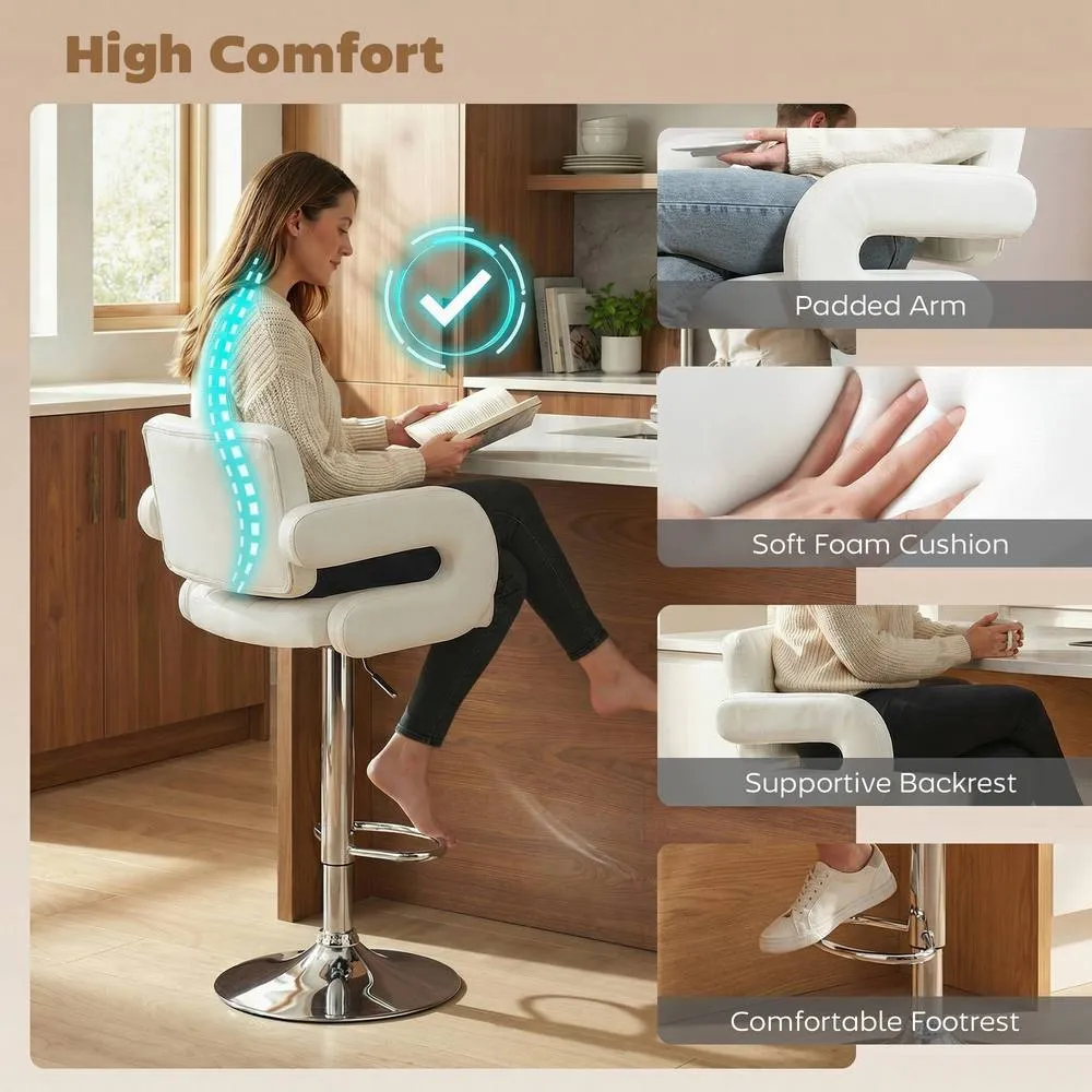 HOMCOM Bar Stools Adjustable Swivel with Armrest Set of 2 White 4