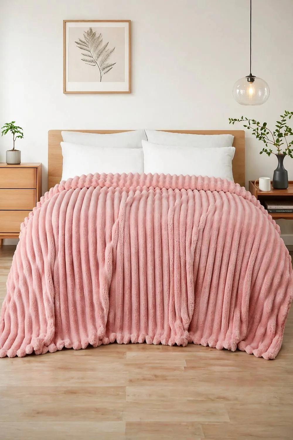 Dyzi Ribbed Jacquard Fleece Bed Blanket Throw 200x240cm Pink