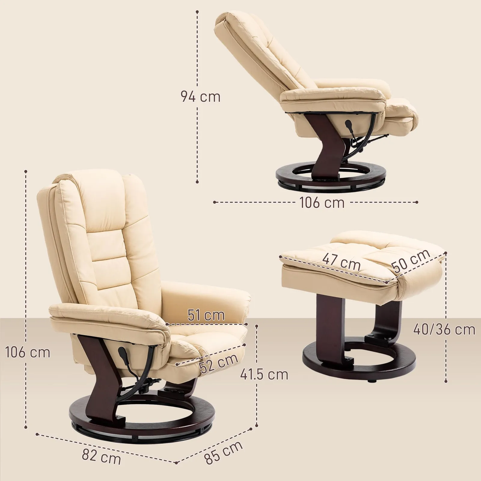 HOMCOM Swivel Manual Recliner & Footrest Set PU Leather Lounge Chair Beige 3