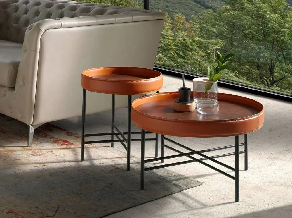 Angel Cerda Round Coffee Table, Walnut Top, Black Steel Legs, Orange Detail in Tan 6