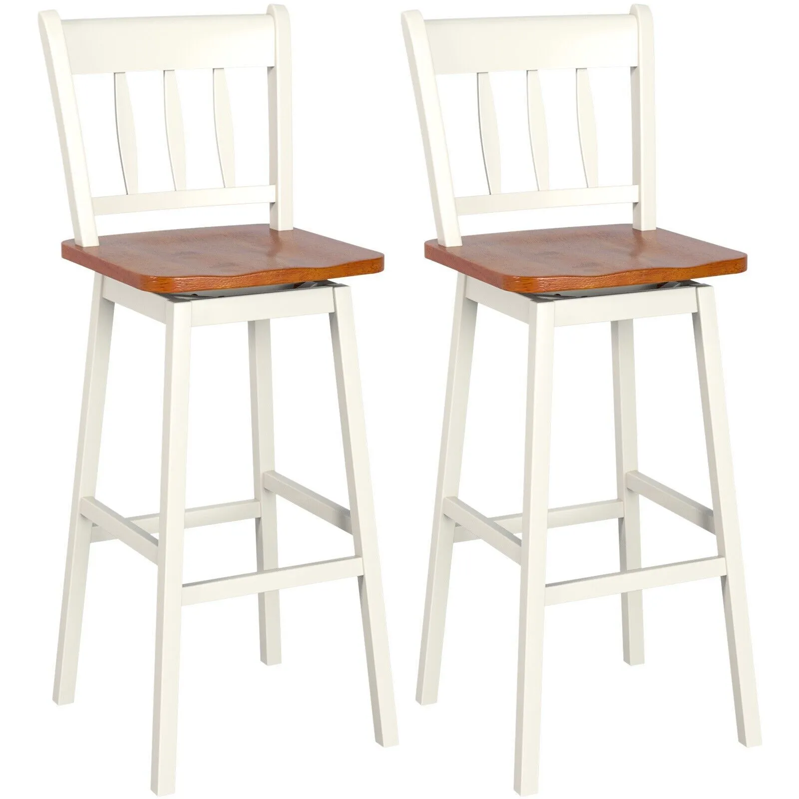 Costway Set of 2 Swiveling Bar Stools Solid Rubber Wood Dining Chairs with Footrest in White