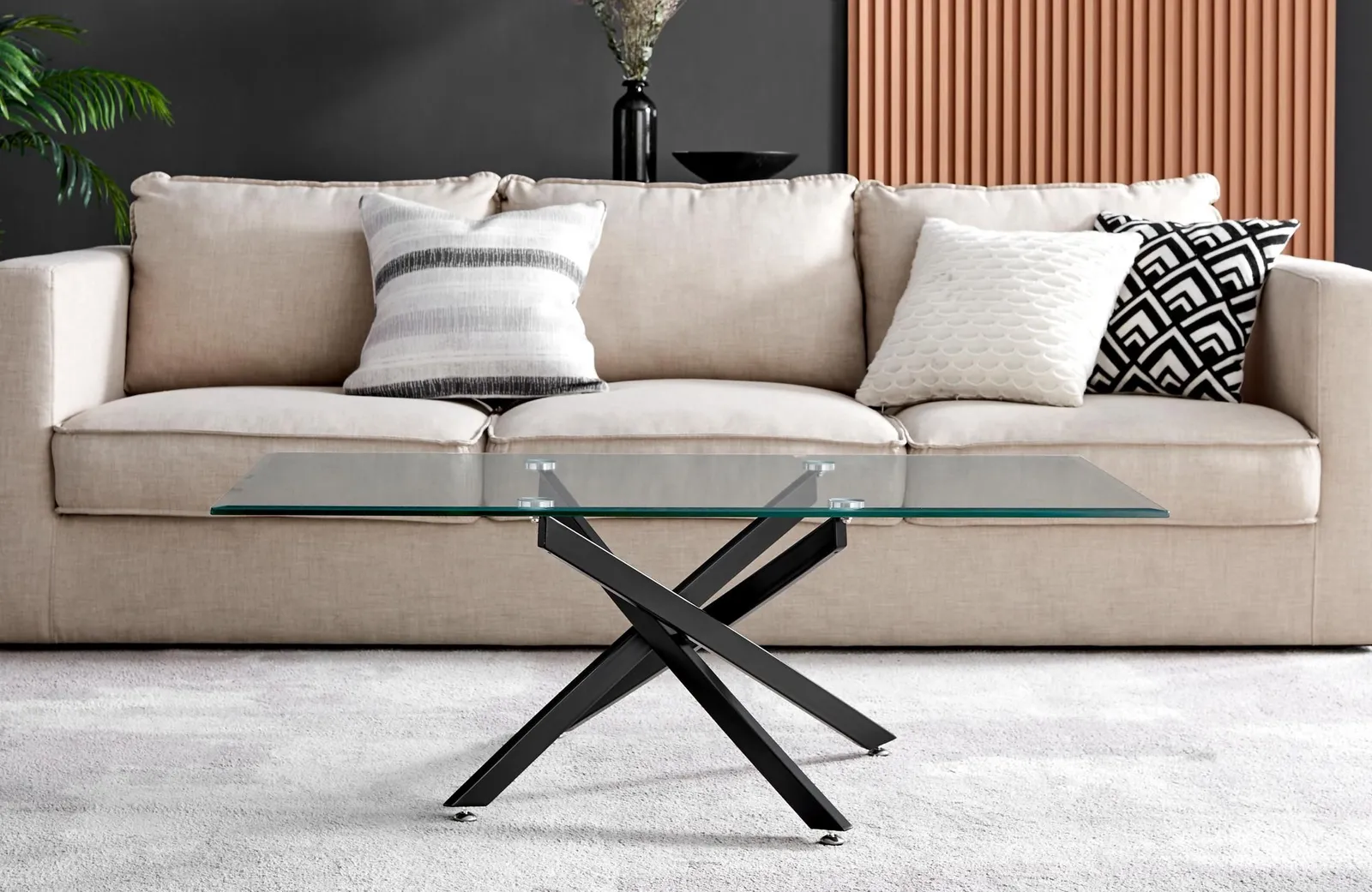 FurnitureboxUK Leonardo Rectangular Glass Coffee Table with Metal Angled Starburst Legs for Modern Living Rooms in Black 2