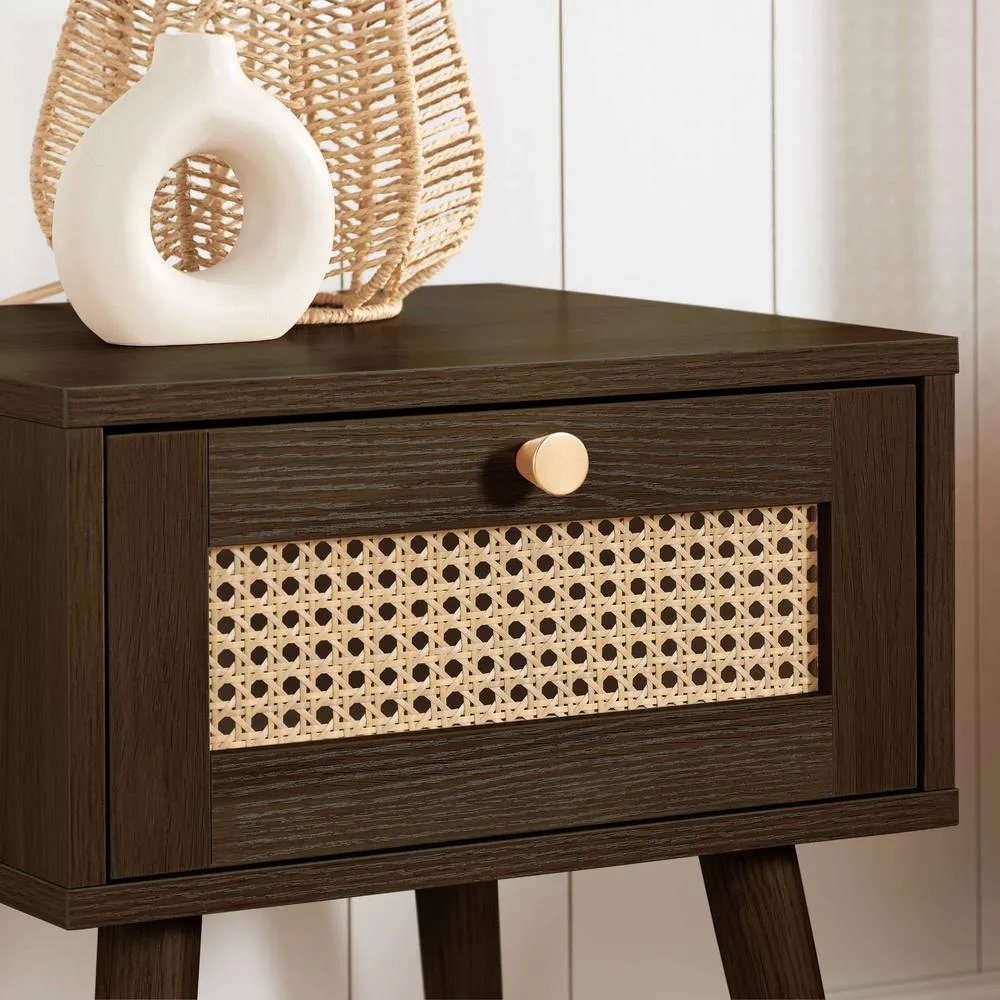 Birlea Bedside 1 Drawer Cabinet Walnut Rattan Croxley Side Table 2