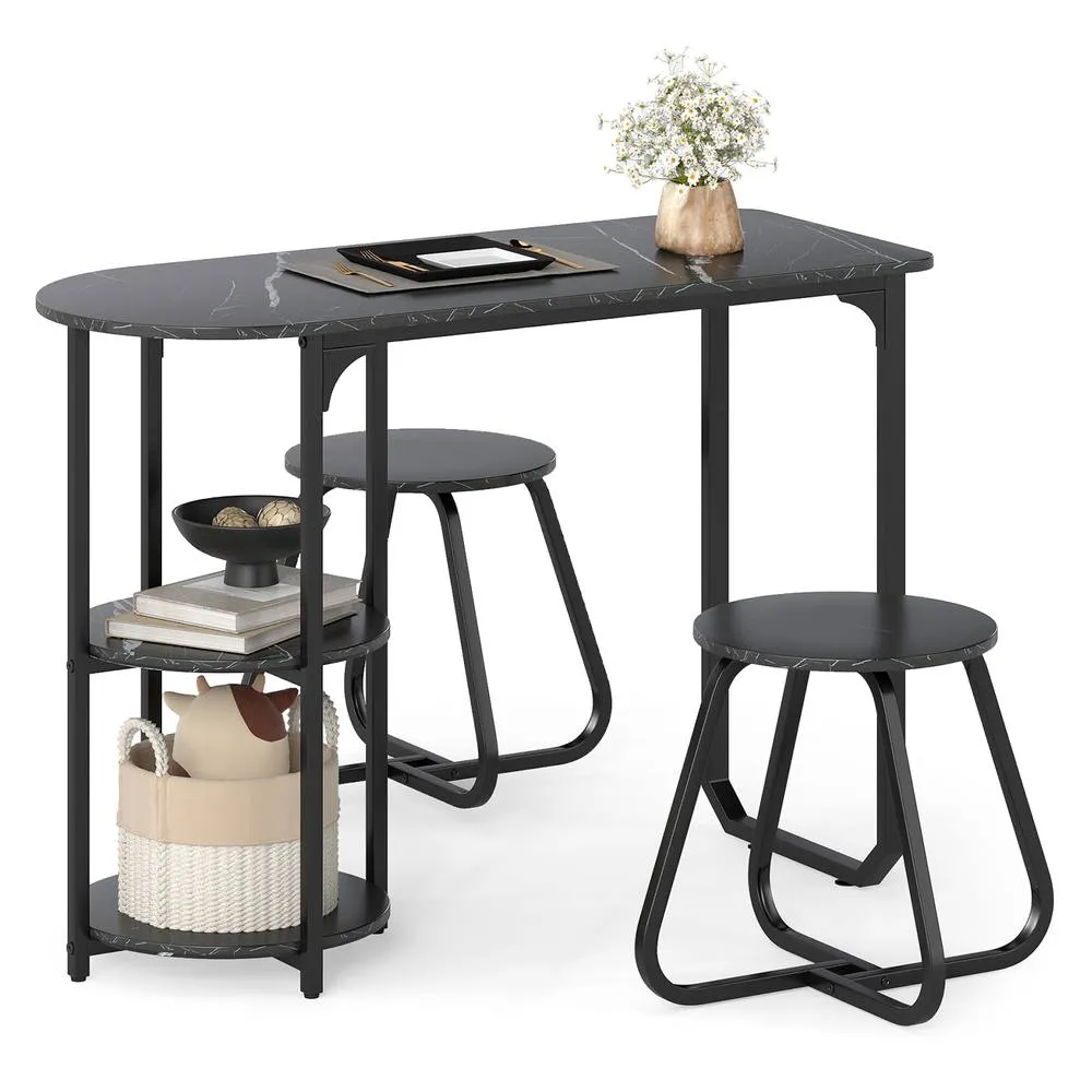 Costway Table & 2 Bar Stools Set Table w/ 2 Shelves Stools Kitchen Bar Unit in Black
