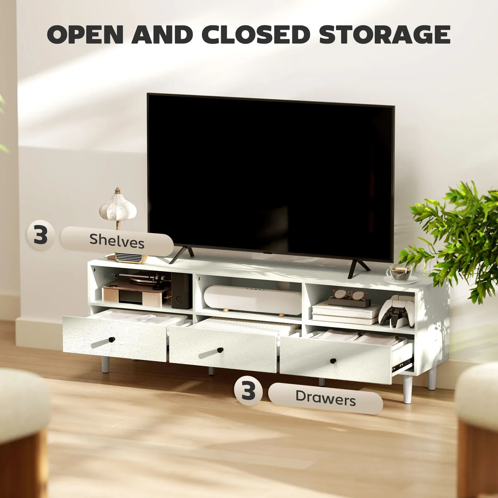 HOMCOM TV Unit, TV Cabinet for up to 75", with Drawers, Shelves, Cream White 4