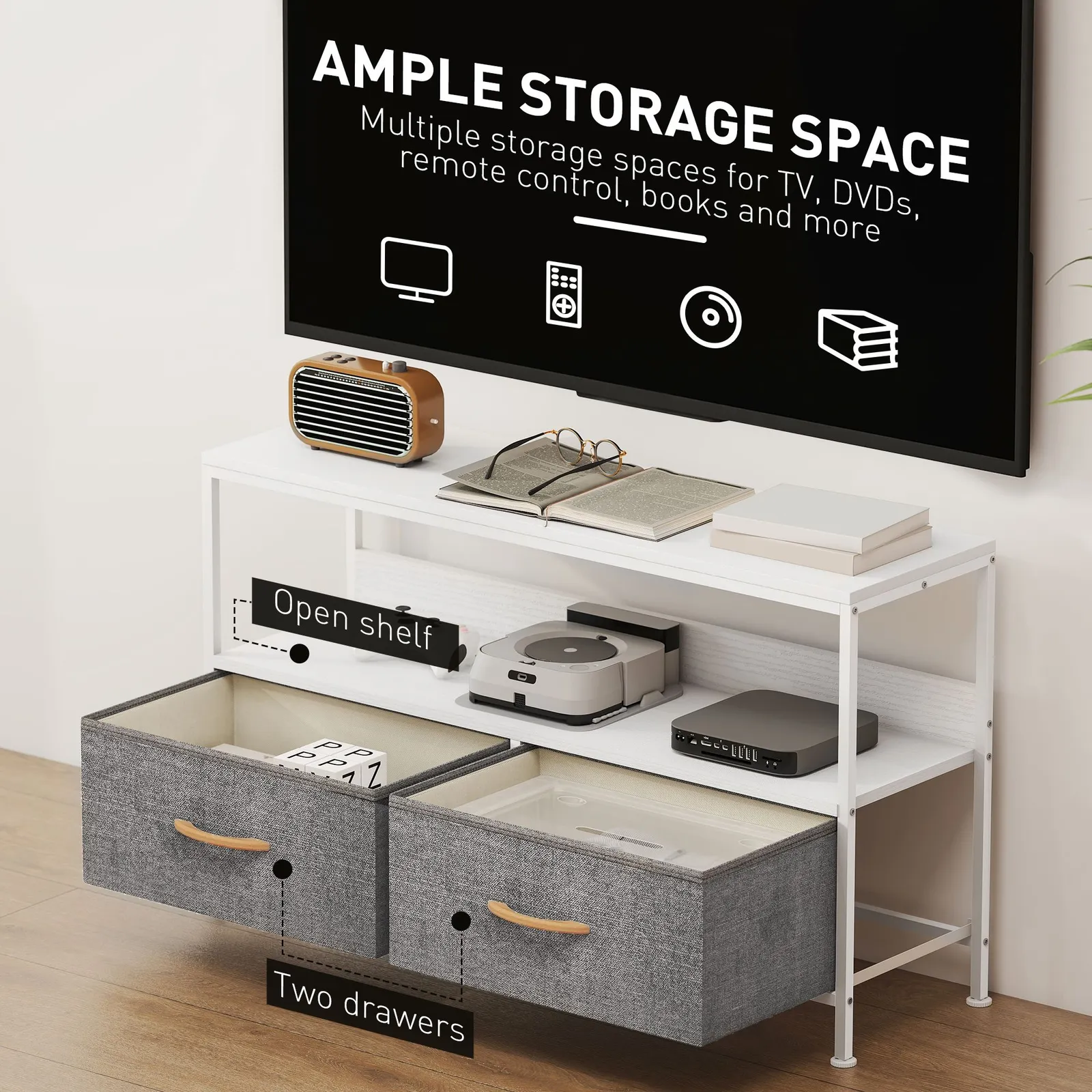 HOMCOM TV Cabinet, TV Console Unit with 2 Foldable Linen Drawers White 5