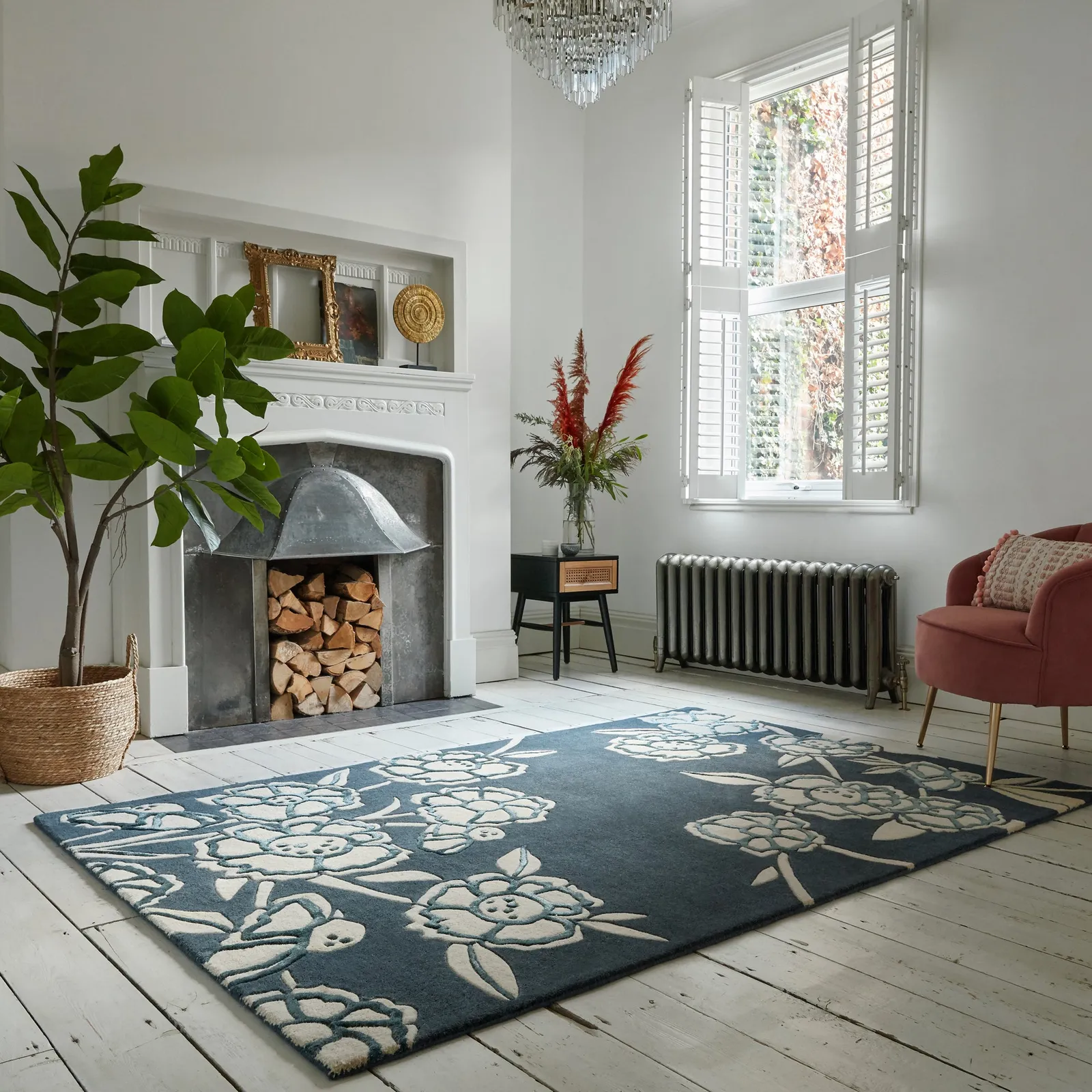 Fleur Floral Wool Mix Rug Blue and Pink