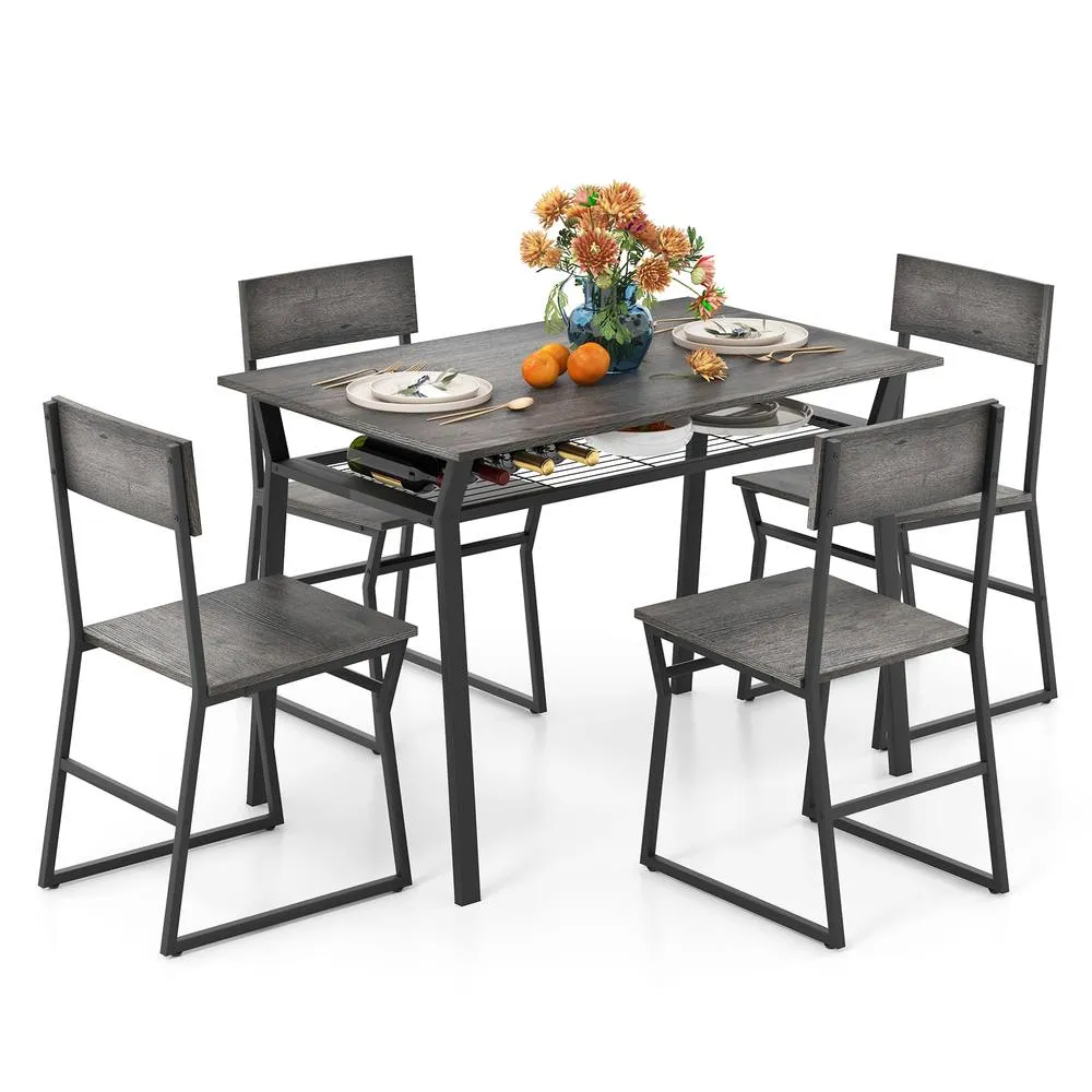 Costway 5 PCS Industrial Dining Table Set Rectangular Kitchen Table W/ 4 Chairs Metal Frame in Grey
