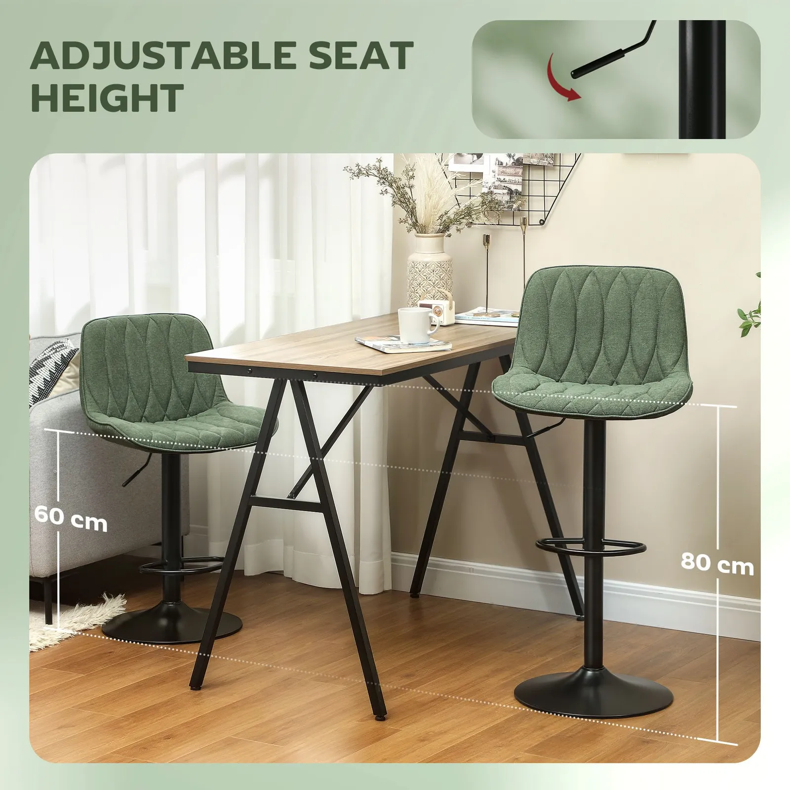 HOMCOM Bar Stools Set of 2, Modern Armless Bar Chairs in Green 5
