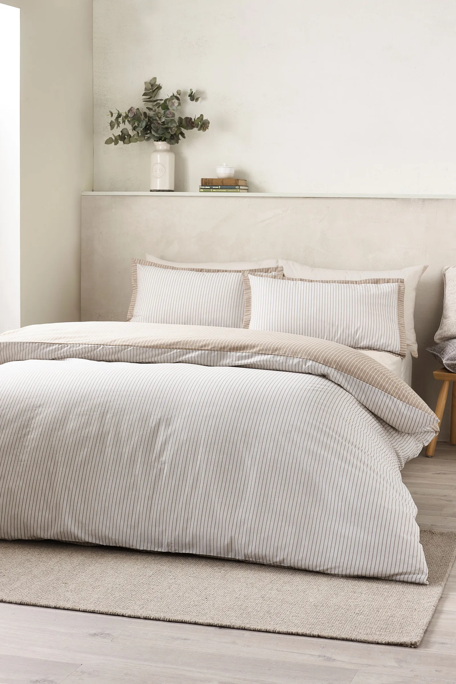 Catherine Lansfield 'Oxford Pinstripe' Reversible Duvet Cover Set in Natural