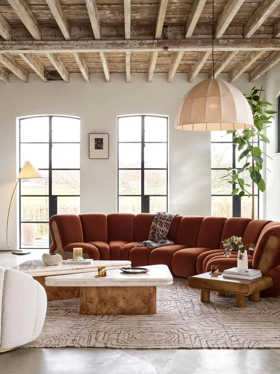 Noelle Modular Curved Sofa, Six Seater, Velvet Rust