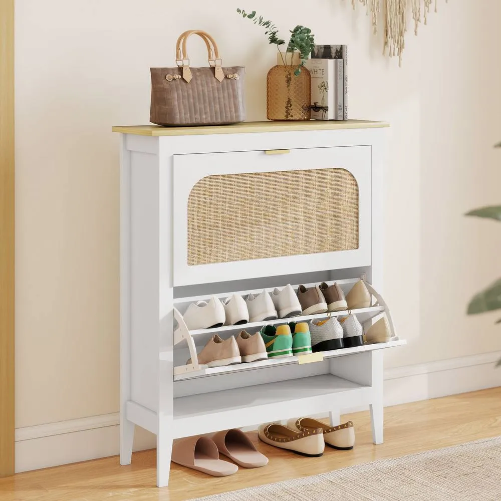 HOMCOM Boho Slim Shoe Cabinet with Rattan Doors, Holds 14 Pairs, White