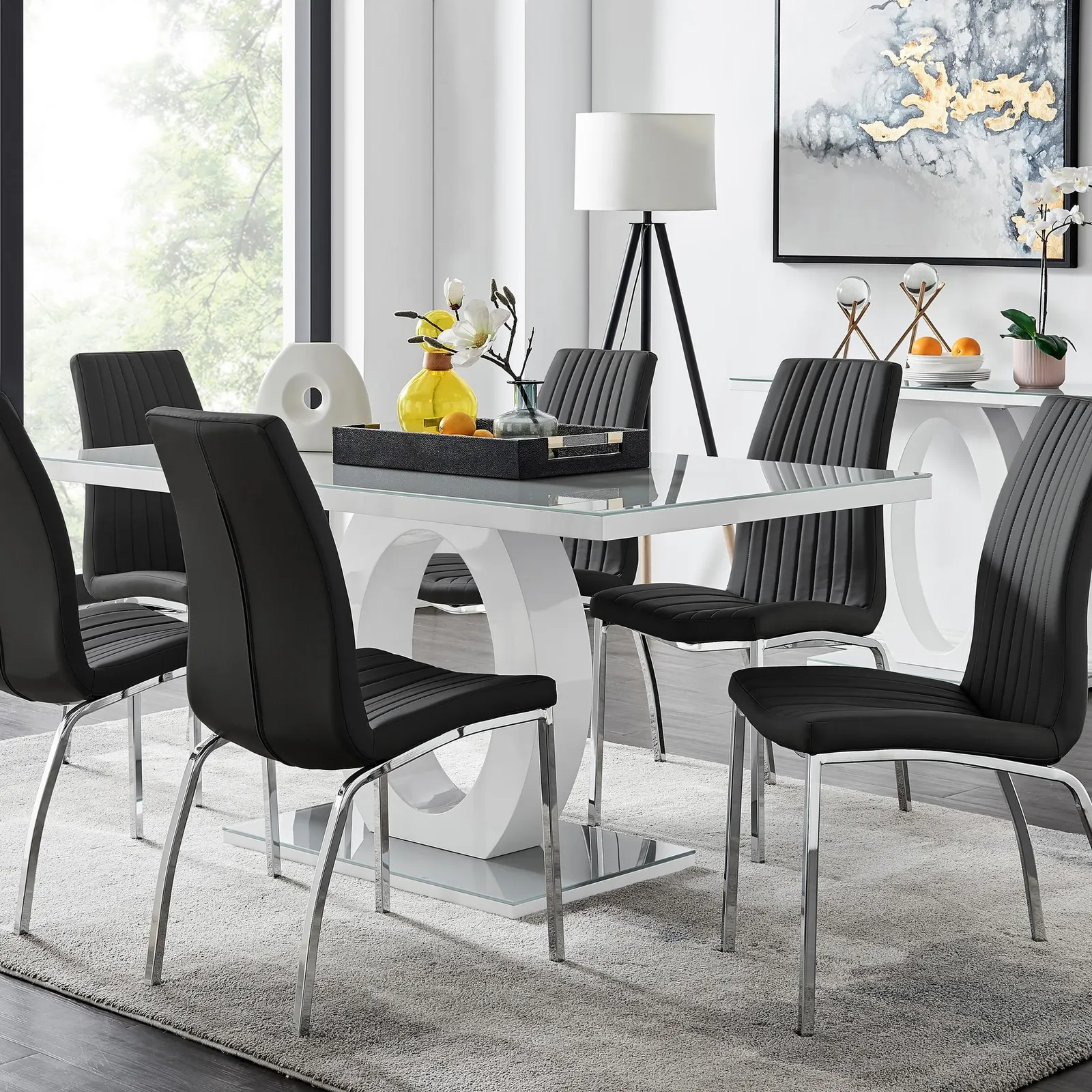 FurnitureboxUK Giovani 6-Seater Grey Glass Dining Table & 6 Isco Faux Leather Dining Chairs in Black