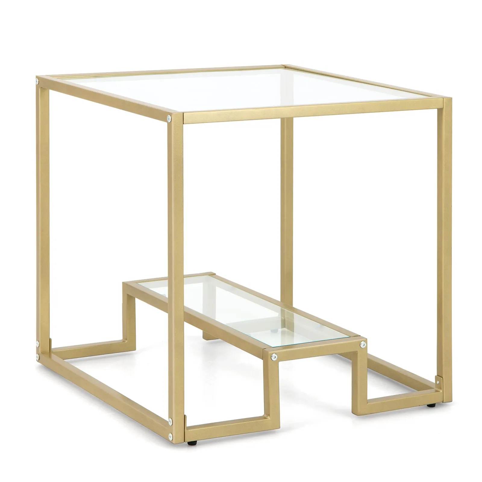Costway 2-Tier Square Side Table Sofa End Snack Table Nightstand Tempered Glass Tabletop in Gold