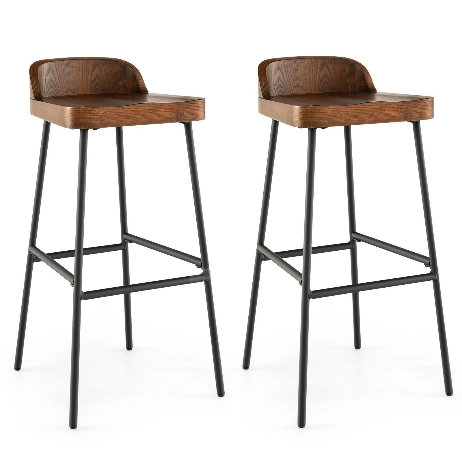 Costway Set of 2 Industrial Bar Stools Tall Kitchen Stools Breakfast High Chair Low-Back in Brown