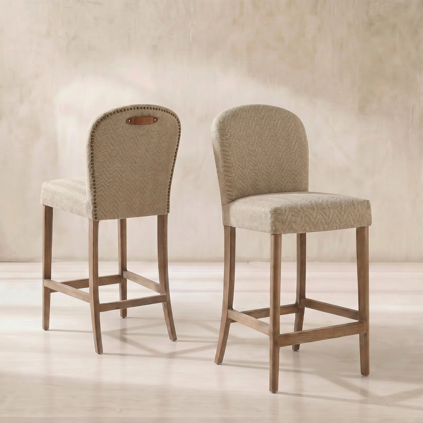 Maurice Counter Stool H'bone+Tan Handle, Neutral Fabric | Barker & Stonehouse