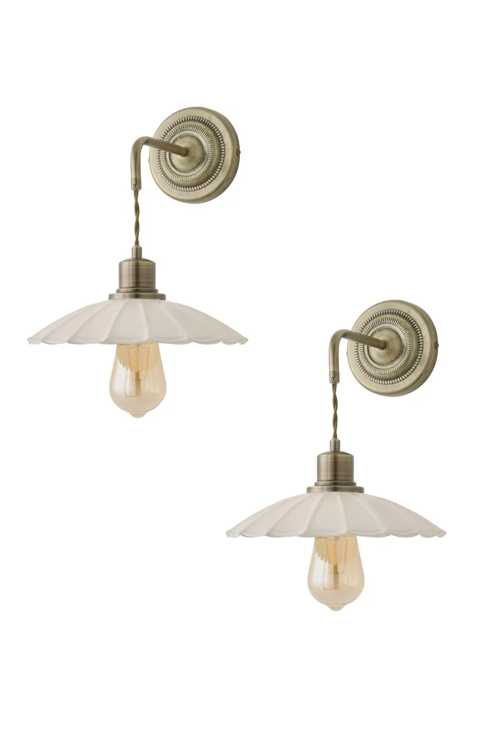 ValueLights Holborn Pair of Brushed Gold Wall Lights with Scallop Shades & Bulbs