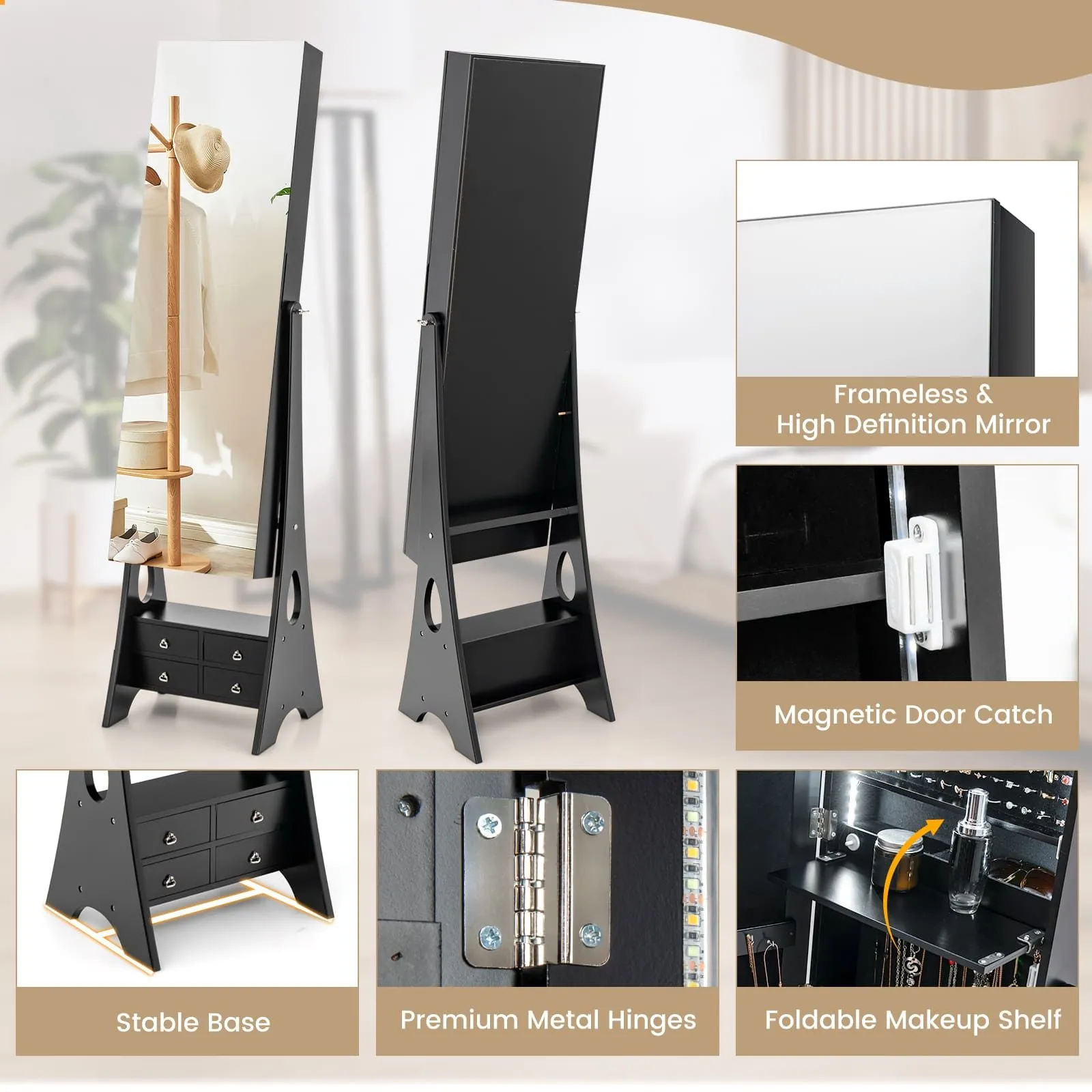 Costway Jewelry Cabinet 3-color LED Lighted Jewelry Organizer Armoire in Black 6