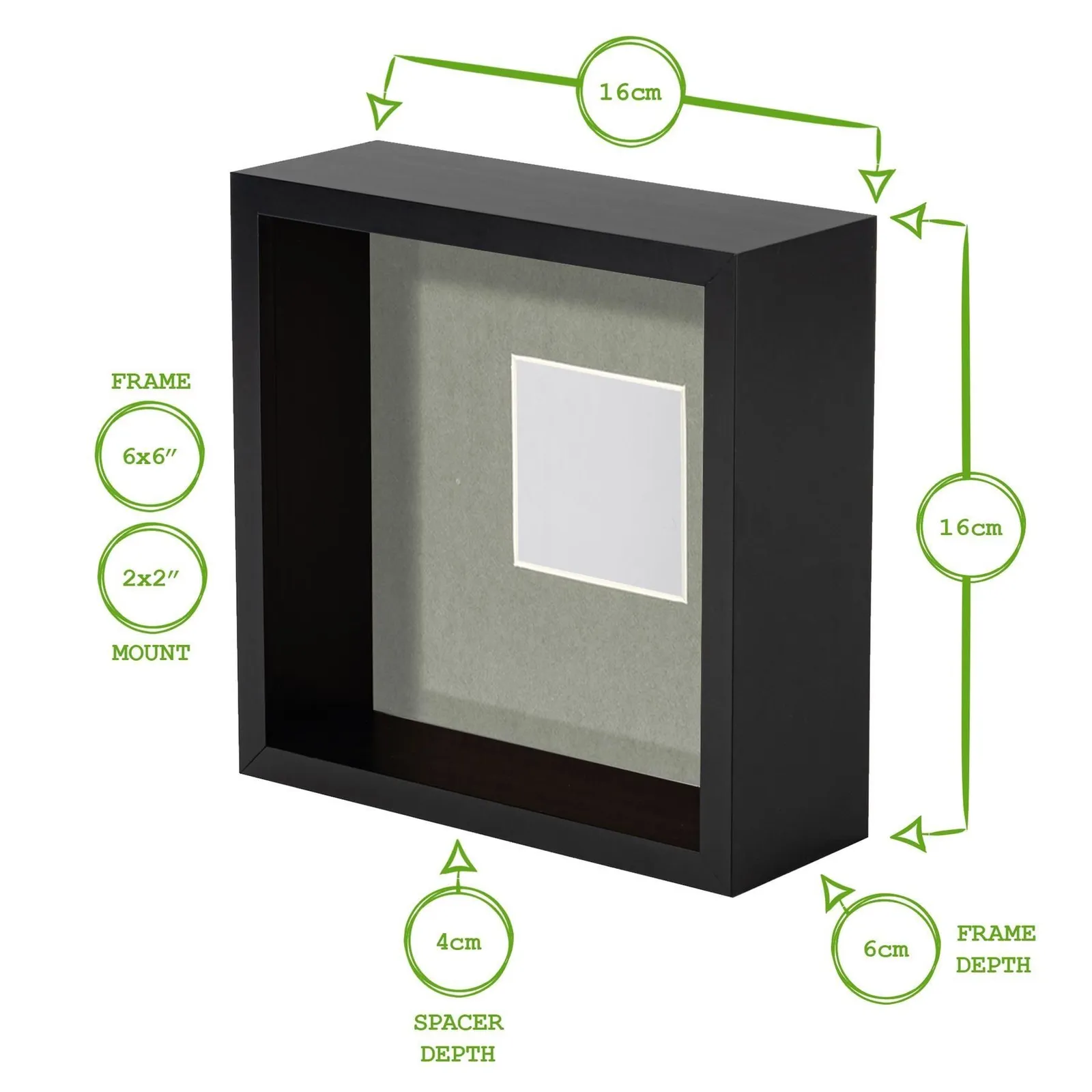 Nicola Spring 3D Deep Box Photo Frame - 6 x 6" with 2 x 2" Mount - White Mount in Black 4