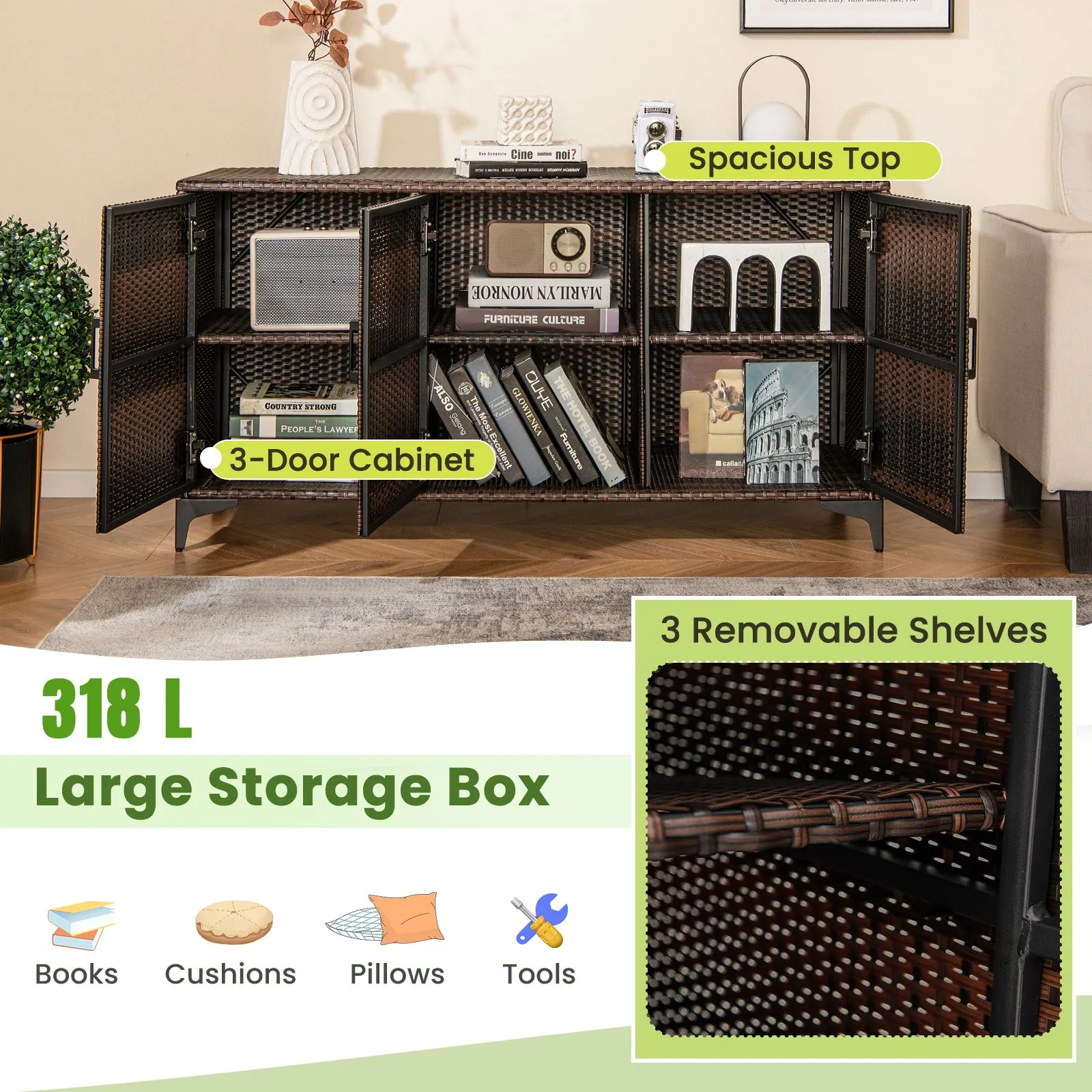 Costway 318 L Patio Wicker Storage Cabinet 3 Door Deck Box Indoor PE Rattan Storage Bin in Brown 6