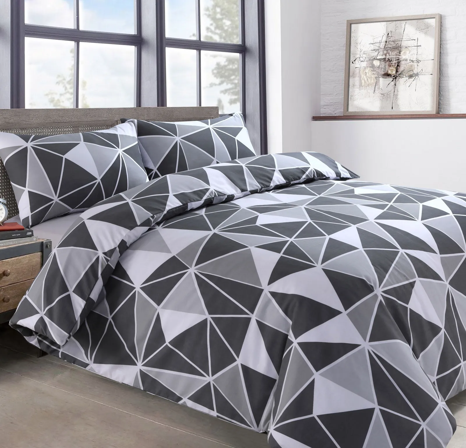 Velosso Saxton Twin Pack Set Duvet Cover & Pillowcase Set - Printed Cotton Rich in Grey