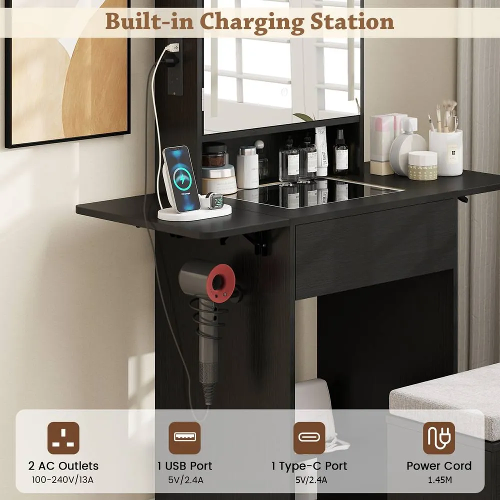 Costway Dressing Table & Stool Set Makeup Table w/LED Lights &Charging Station in Black 5