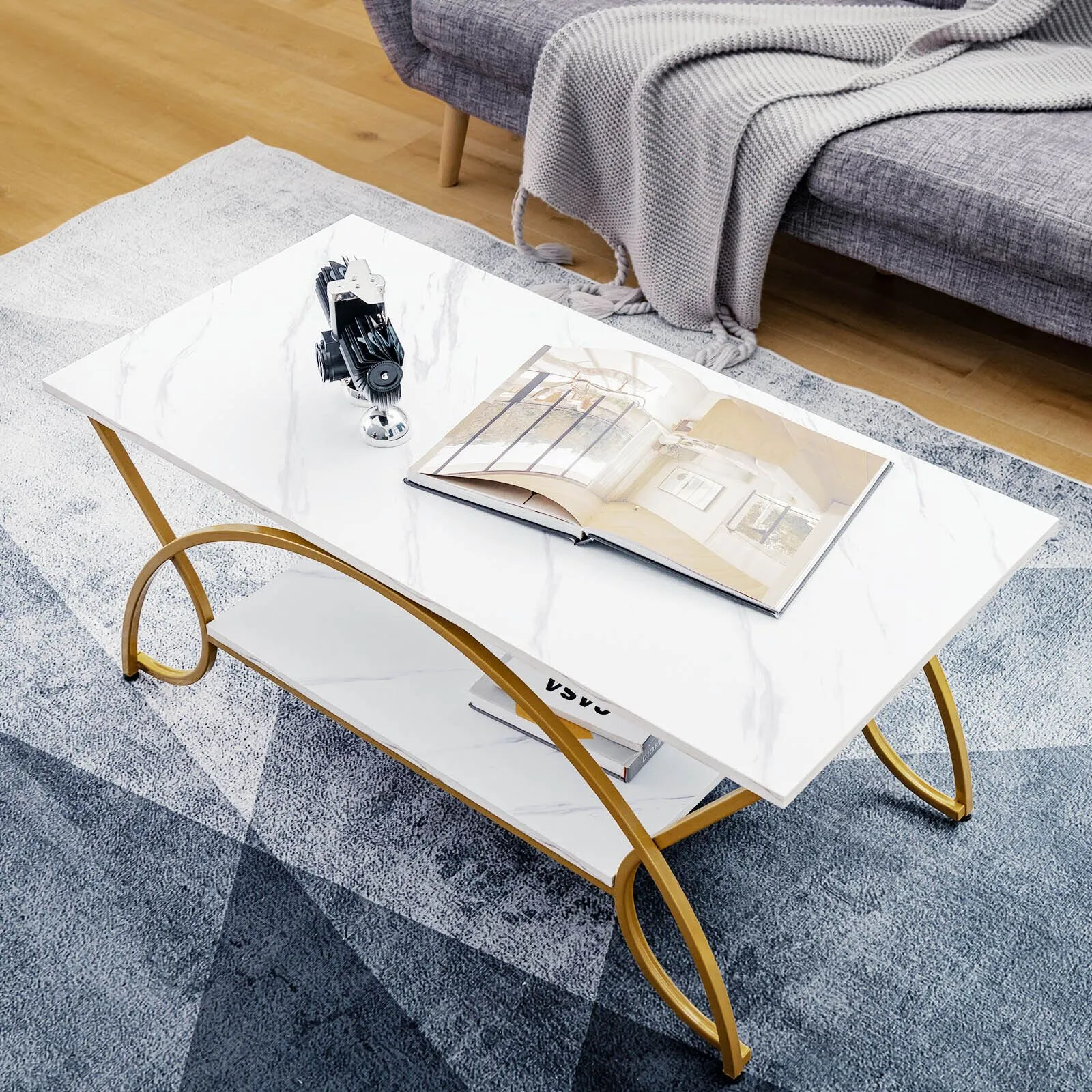 Costway Modern Faux Marble Coffee Table 2-Tier Rectangular Accent Table Chic Cocktail in White 2