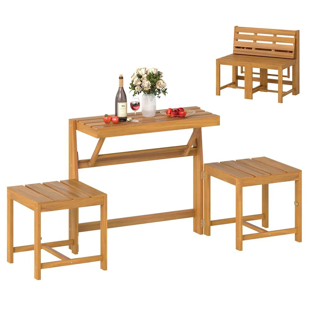 Costway 3-in-1 Convertible Bench Acacia Wood Outdoor Dining Table in Brown