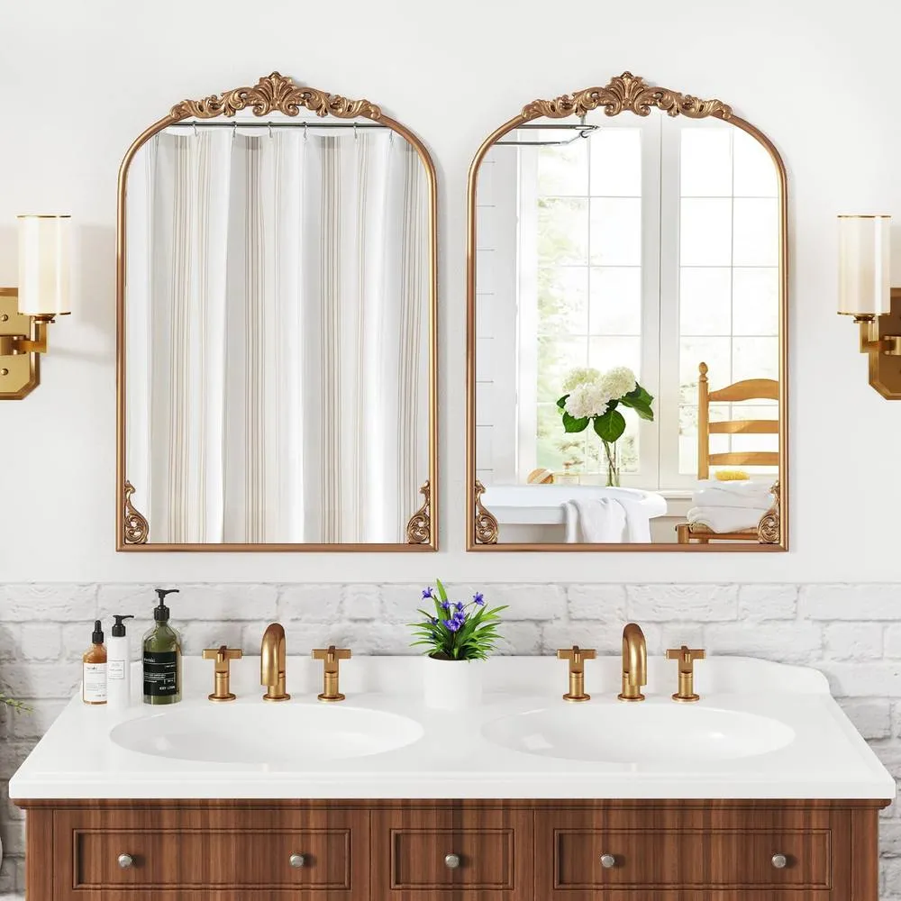 Costway Antiqued Gold Wall Mirror 90 cm x 61 cm Dramatic Arched Mirror 6