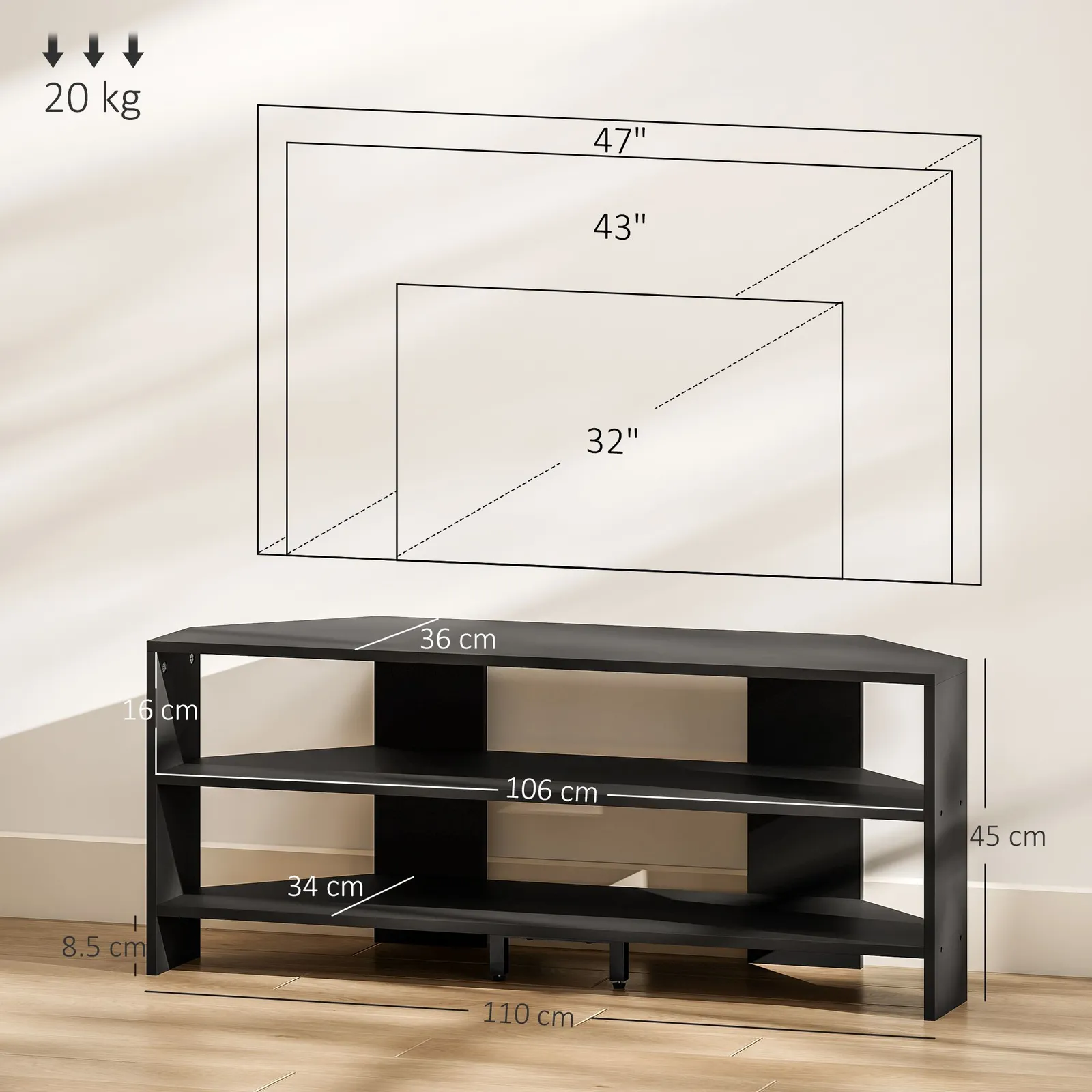 HOMCOM Corner TV Stand, TV Unit with Open Shelves for 47 Inch TV in Black 3