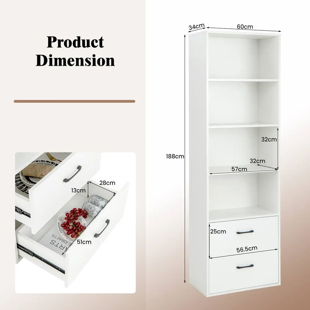 Costway 6-Tier Tall Bookshelf Wood Bookcase Organizer Display Storage Shelf W/ 2 Drawers in White 2