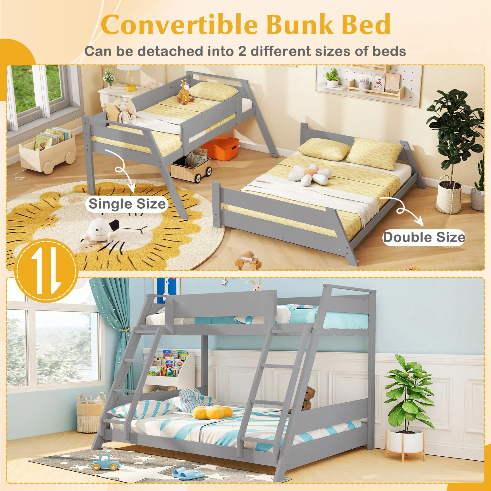 Costway 2-in-1 Single Over Double Bunk Bed Convertible Bed Frame w/ 2 Ladders in Grey 6