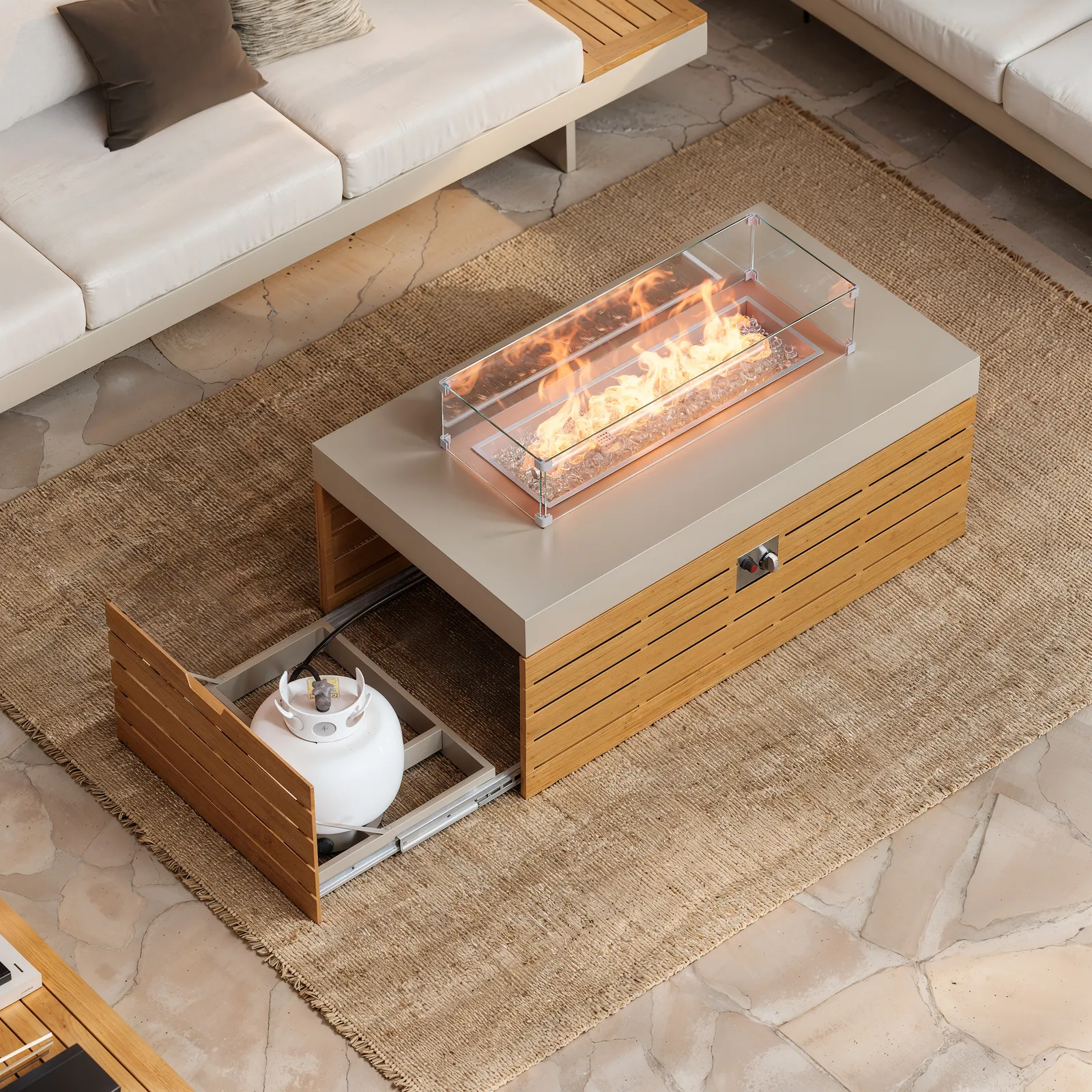 Tevara Outdoor 47" Propane Smokeless Aluminium Rectangular Fire Pit Table in Sand