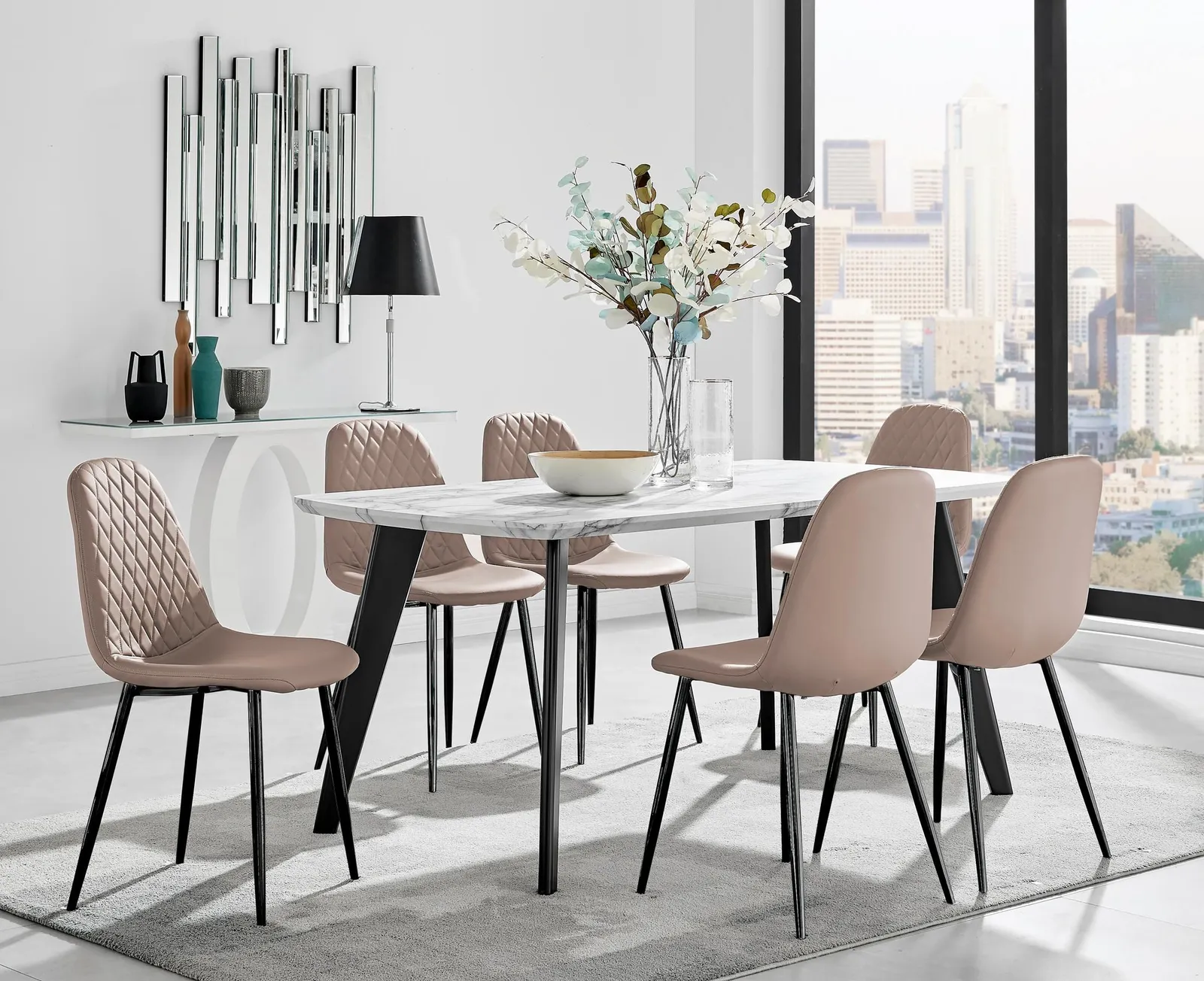 FurnitureboxUK Andria White Marble Effect & Black Leg 6 Seater Dining Table & 6 Corona Faux Leather Chairs in Beige 1
