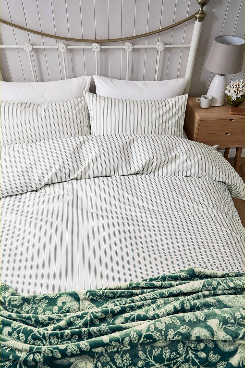 Helena Springfield 'Ticking Stripe' Cotton Duvet Cover Set in Light Green 4
